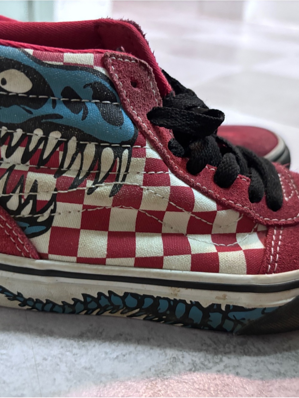 Vans Kids Red and White Checkerboard Skate Sneakers with Shark Graphic